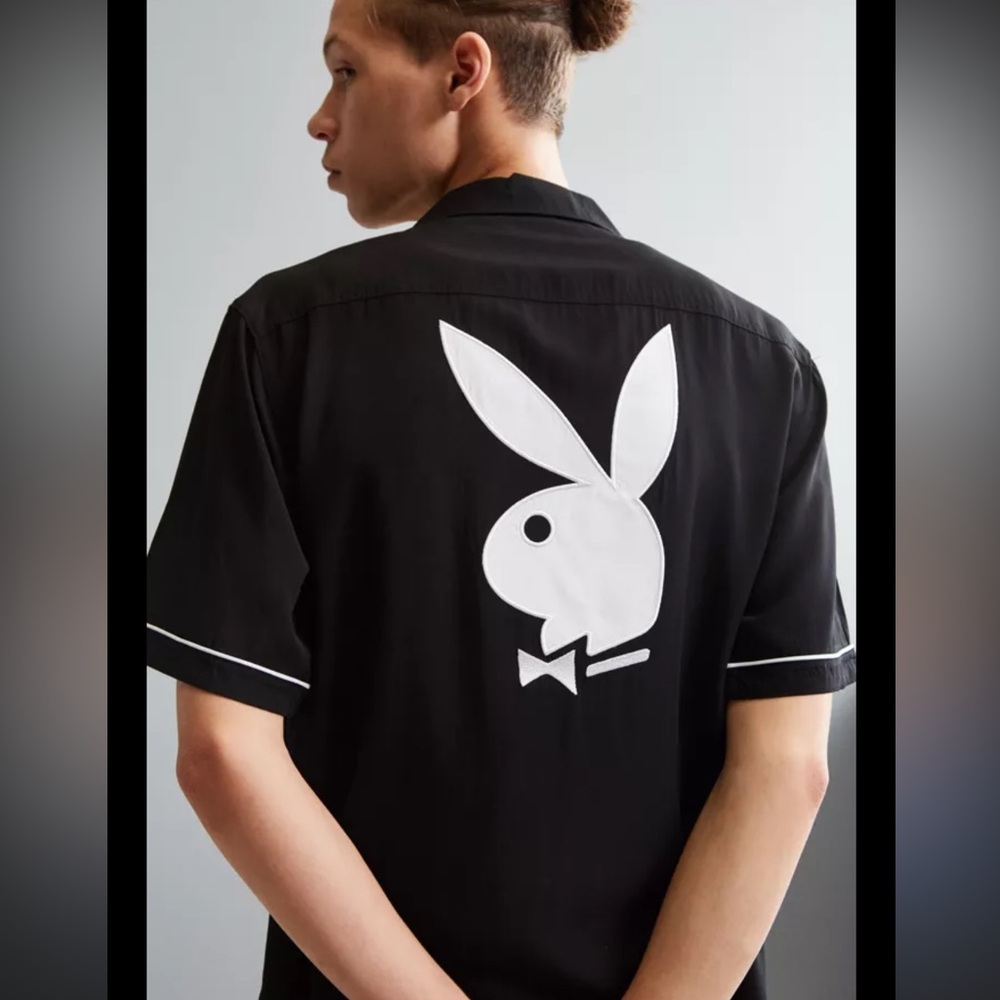 PLAYBOY Black Short-Sleeve Button-Down Shirt with White Bunny Logo